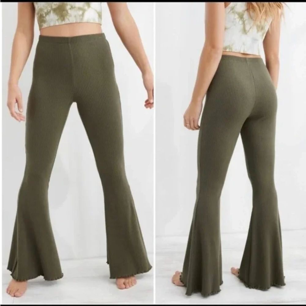 Aerie Kick-It Ribbed High Waisted Super Flare Pant, Olive Green, Size XL LONG